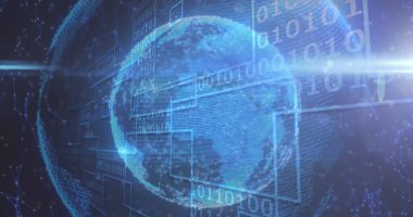 Mavi zemin üzerinde ikili kodlama veri işleme üzerinde dönen dünya görüntüsü. dijital arayüz, bağlantı ve iletişim konsepti dijital olarak oluşturulmuş görüntü.