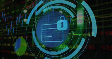 Veri işleme üzerinde dijital asma kilit olan kart resmi. Ağ, veri güvenliği, dijital güvenlik ve teknoloji kavramı 