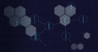 Siyah arka plandaki DNA iplikçikleriyle şekillerin ve bağlantıların görüntüsü. Küresel tıp ve dijital arayüz kavramı dijital olarak oluşturulmuş görüntü.