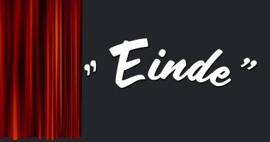 Yan tarafa açılan kırmızı perde gibi görünen beyaz bir Einde tabelasının dijital görüntüsü.