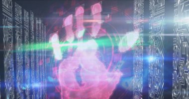 Mavi arkaplandaki mikro işlemci bağlantılarını insan eliyle tarıyorum. siber güvenlik ve bilgisayar arayüzü teknolojisi kavramı