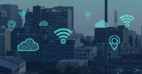 Image of digital clouds and icons flying over cityscape. Global cloud computing, networks, connections and data processing concept digitally generated image.