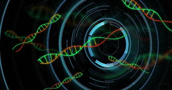 Karanlık arka planda tıbbi veri işleme resmi. Küresel tıp, teknoloji, veri işleme ve dijital arayüz kavramı dijital olarak oluşturuldu.