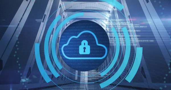 Image of clouds with digital padlock in circle over servers. Network, data safety, digital security and technology concept digitally generated image.