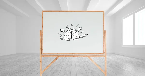 Digital image of a drawing of a brain with different arrows in a white board with a wooden frame inside a white room with windows.