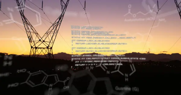 Digitalt Billede Kemiske Strukturer Programkoder Vises Skærmen Baggrund Viser Transmissionstårne - Stock-foto