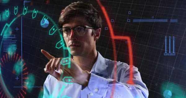 Bild Von Neon Formen Über Kaukasischen Mann Mit Touchscreen Business — Stockfoto