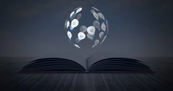 Digital Image Light Bulbs Arranged Spherically Rotating Open Book Wooden — Stock Photo, Image