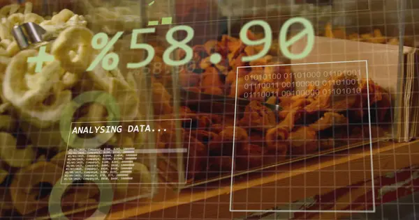 Image of statistics and data processing over fruit in baskets in food shop. Business, retail, communication, digital interface, finance and data processing concept digitally generated image.