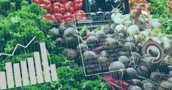 Image of statistics and data processing over vegetables in baskets in food shop. Business, retail, communication, digital interface, finance and data processing concept digitally generated image.