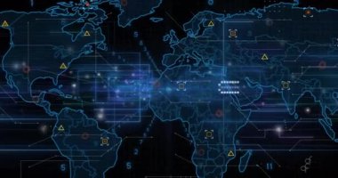Karanlık arka planda dünya haritasıyla bağlantı ve veri işleme animasyonu. Dijital olarak oluşturulmuş küresel bağlantılar, hesaplama ve veri işleme kavramı.