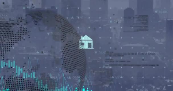Анимация Энергопотребления Глобус Обработка Данных Городу Сеть Данные Цифровой Интерфейс — стоковое видео