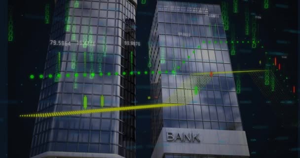 二进制编码动画 银行大楼的财务数据处理 全球金融 计算和数据处理概念 — 图库视频影像