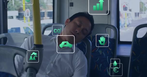Animation Energi Och Ekologi Ikoner Över Asiatisk Man Sover Bussen — Stockvideo