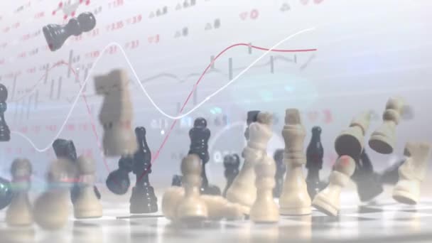 Анімація Даних Обробки Графів Над Шаховими Фігурами Падають Борт Стратегія — стокове відео