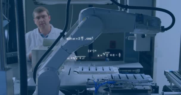 ロボットと男性科学者を介した科学データ処理のアニメーション グローバル人工知能 コネクション コンピューティング データ処理コンセプトデジタル生成ビデオ — ストック動画