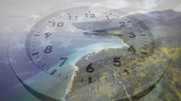 Animation Aiguilles Rapides Sur Horloge Dessus Drapeau Américain Littoral Avec — Video