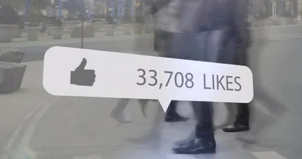 Animation Social Media Notification Sped Legs Commuters Crossing Street Data — Stock Video