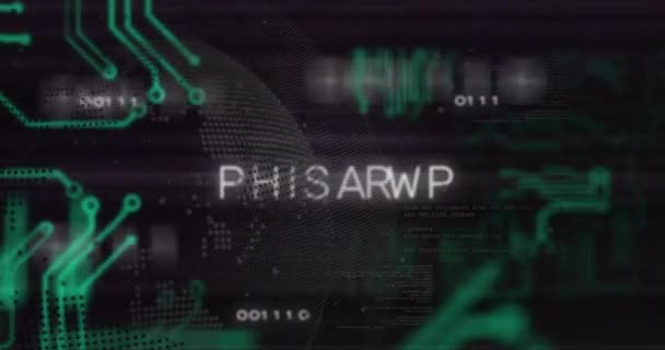 Animation Von Phishing Text Über Motherboard Globus Und Datenverarbeitung Auf — Stockvideo