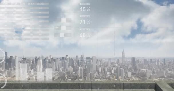 Animação Gráficos Processamento Dados Sobre Céu Nublado Paisagem Urbana Dados — Vídeo de Stock