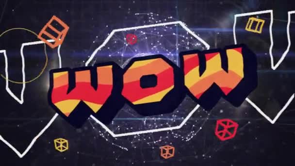 Animatie Van Wow Tekst Neon Patroon Achtergrond Mondiaal Videospelletje Digitale — Stockvideo