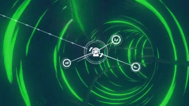 Neon Tünel Arkaplanındaki Simgelerle Bağlantı Ağının Animasyonu Dijital Olarak Oluşturulmuş — Stok video