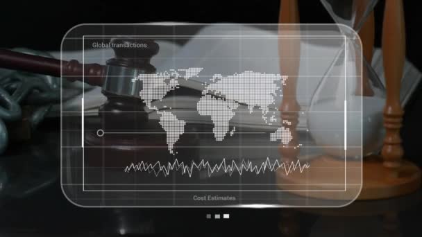 Animación Del Mapa Del Mundo Diagrama Sobre Martillo Reloj Arena — Vídeos de Stock