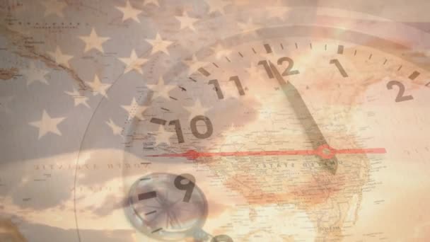 Animation Fast Moving Hands Clock American Flag Map Sunset Sky — Stock Video