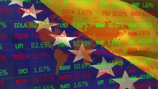 Анимация Фондового Рынка Карта Мира Над Флагом Боснии Герцеговины Мировые — стоковое видео