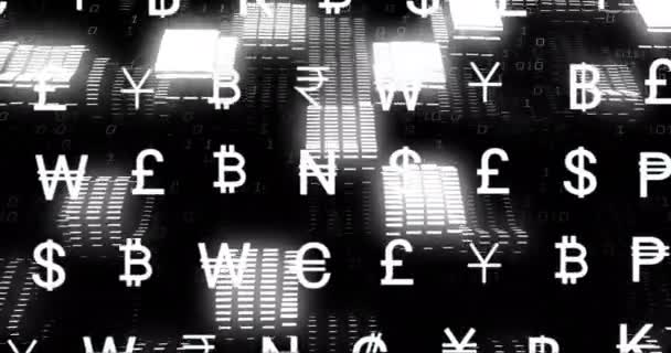Animatie Van Valutasymbolen Financiële Gegevensverwerking Wereldwijd Financieel Bedrijfs Verbindings Computer — Stockvideo