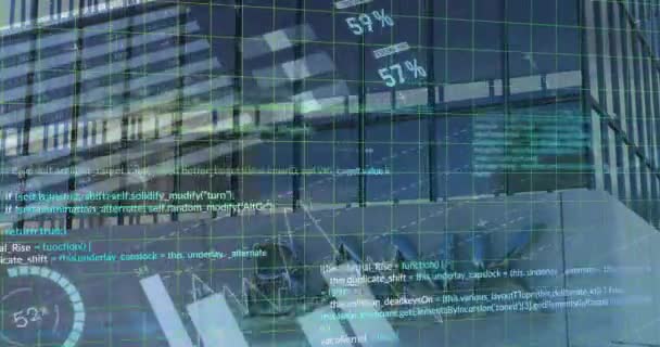 銀行ビルに対する金融データ処理のアニメーション グローバルファイナンス ビジネス コネクション コンピューティング データ処理コンセプトデジタル生成ビデオ — ストック動画