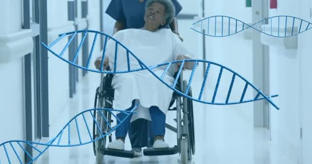 Animation Von Dna Strängen Über Verschiedene Ärztinnen Und Patientinnen Krankenhaus — Stockvideo