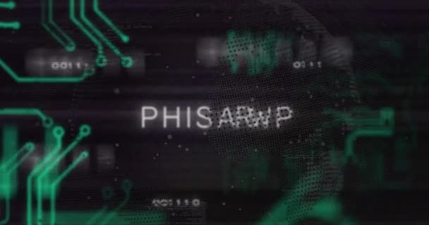 Animation Von Phishing Text Über Motherboard Globus Und Datenverarbeitung Auf — Stockvideo