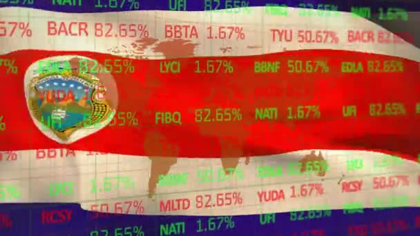 股票市场和世界地图在亚洲海岸上空的动画 全球金融 爱国主义和数字视频接口概念 — 图库视频影像
