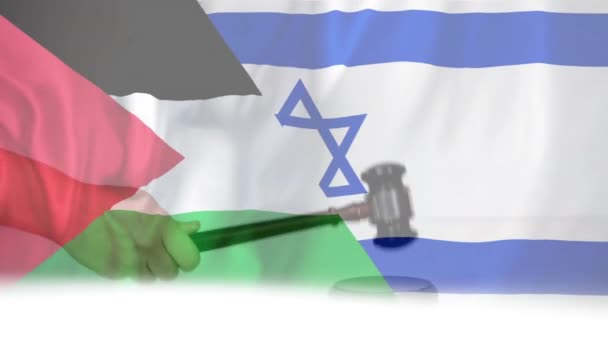 Animación Banderas Palestina Israel Sobre Juez Caucásico Usando Mazo Justicia — Vídeos de Stock