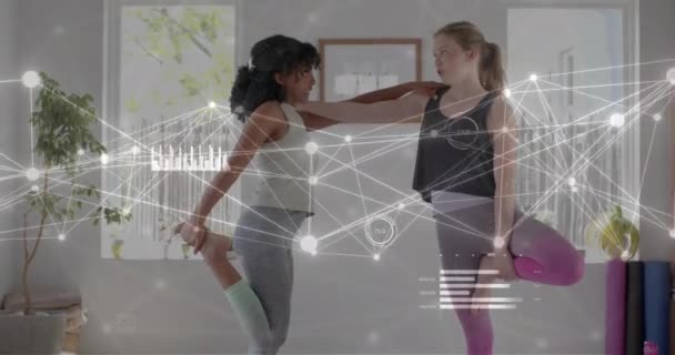 Animation Communication Network Data Processing Diverse Teenage Girls Practicing Yoga — Stock Video