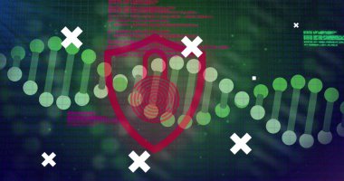 Karanlık arka planda tıbbi veri işleme resmi. Küresel tıp, teknoloji, veri işleme ve dijital arayüz kavramı dijital olarak oluşturuldu.