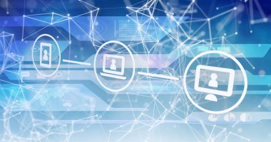 Dijital simgeler, mavi arkaplanda dijital arayüz üzerinden bağlantı ağına karşı. küresel ağ ve teknoloji kavramı