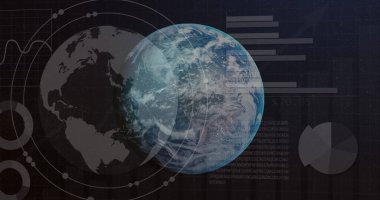 Tüm dünyada istatistik ve veri işleme resimleri. Küresel iş, iletişim, dijital arayüz, finans ve veri işleme kavramı dijital olarak oluşturuldu.