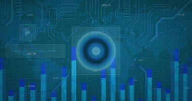 Mavi zemin üzerinde dünya haritası olan tarama ve veri işleme alanı resmi. dijital arayüz, küresel bağlantı ve iletişim konsepti 