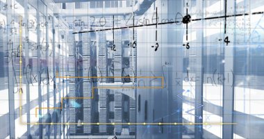 Grafiklerin, matematik formüllerinin ve sunucuların üzerindeki ışıkların resmi. Küresel finans, ekonomi ve teknoloji kavramı dijital olarak üretilen görüntü.