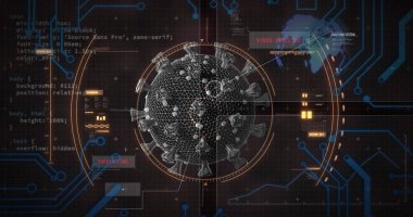 Kapsam taraması ve veri işleme ile covid 19 hücrenin görüntüsü. küresel covid 19 salgın, dijital arayüz, bağlantı ve iletişim konsepti dijital olarak oluşturulmuş görüntü.