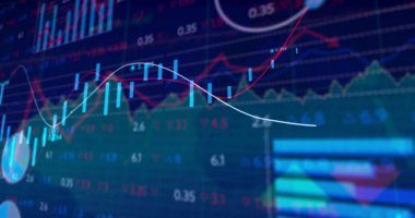 Mavi arkaplanda veri işleme resmi. Küresel iş ve dijital arayüz kavramı 