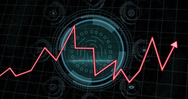 Grafiklerin resmi, veri koruması ve siyah arkaplanda parmak izi. Veri güvenliği, küresel finans, ekonomi ve teknoloji kavramı