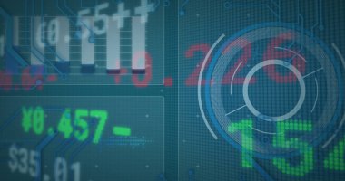 Mavi arka planda tarama ve finansal veri işleme görüntüleri. dijital arayüz, bağlantı ve iletişim konsepti dijital olarak oluşturulmuş görüntü.