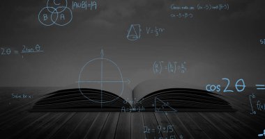 Matematiksel denklemler ve figürler siyah arkaplanda hareket ederken açık bir kitabın dijital görüntüsü