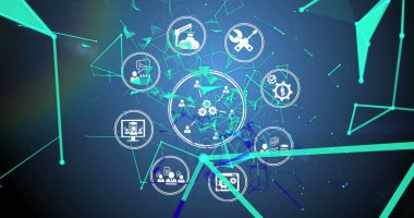 Mavi arkaplandaki dijital simge ağı ve bağlantı ağının resmi. dijital arayüz, bağlantı ve iletişim konsepti dijital olarak oluşturulmuş görüntü.