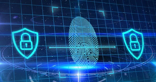 Image of biometric fingerprint and online security padlocks on blue background. digital interface, connection and communication concept digitally generated image.
