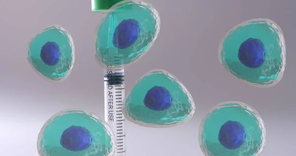 ワクチン上の浮遊細胞のイメージと白い背景にバイアル グローバル医学とデジタルインターフェースのコンセプトデジタル生成画像 — ストック写真