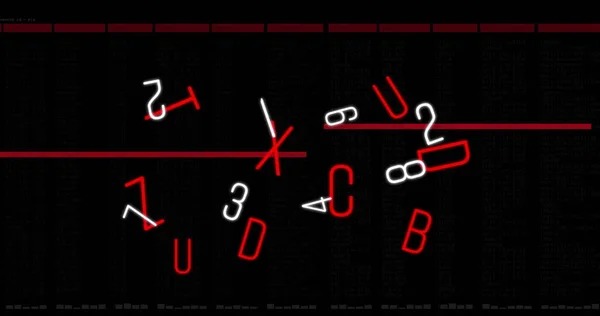 Image of floating numbers and letters on black background. global science, technology and digital interface concept